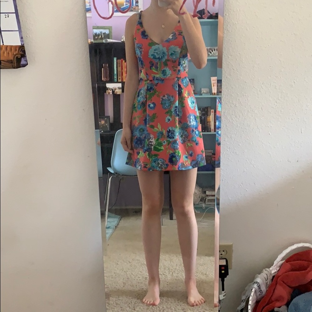 Pink flower print dress with cross back straps